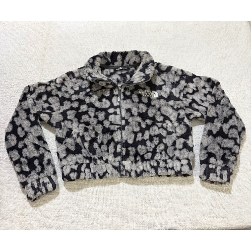 The North Face Girls Osito Full Zip Fleece Jacket Grey Black Leopard Print XS 6